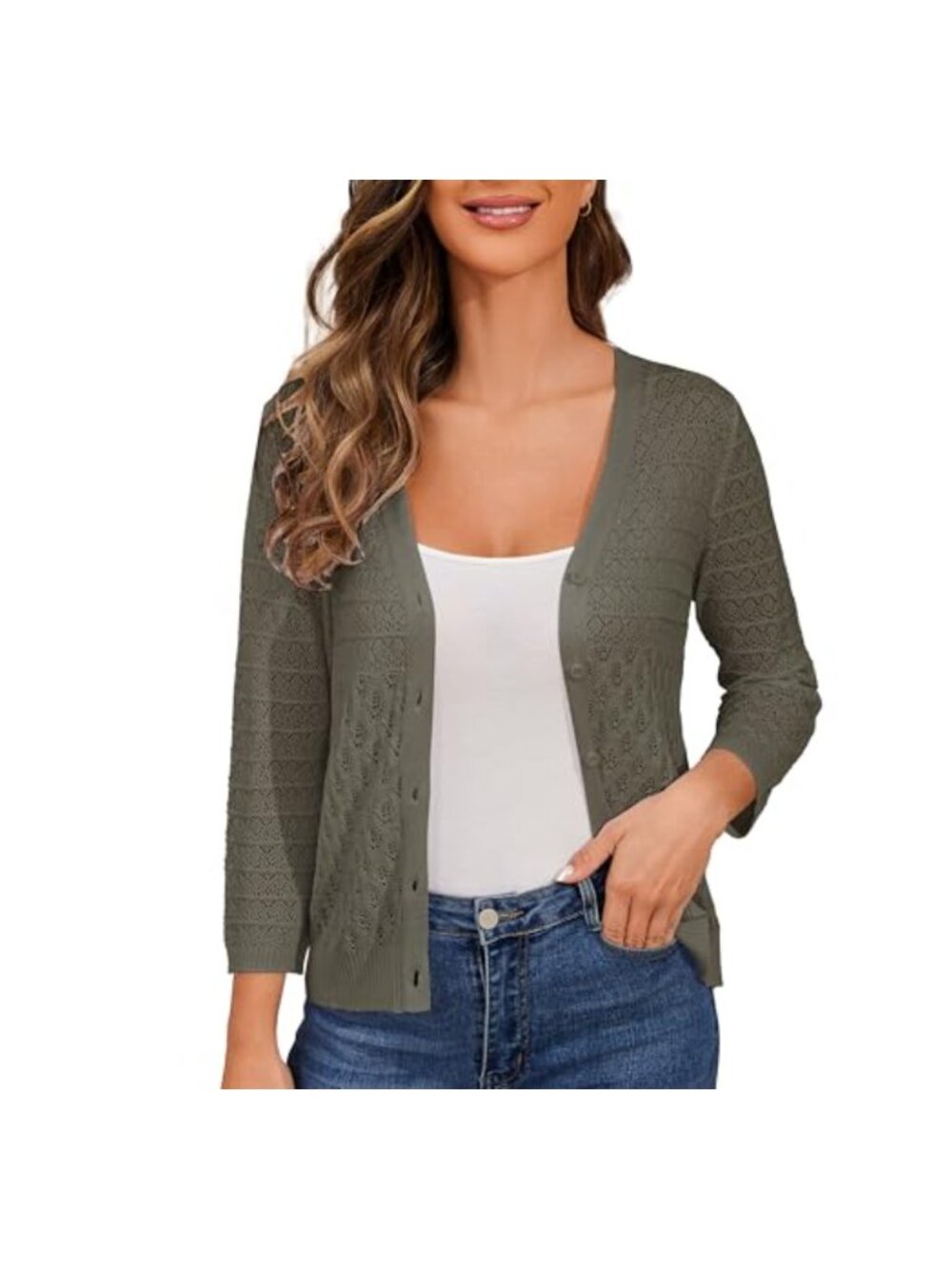 Women's Crochet Cardigan 3/4 Sleeve V Neck Button Front Knit Shrug Sweater